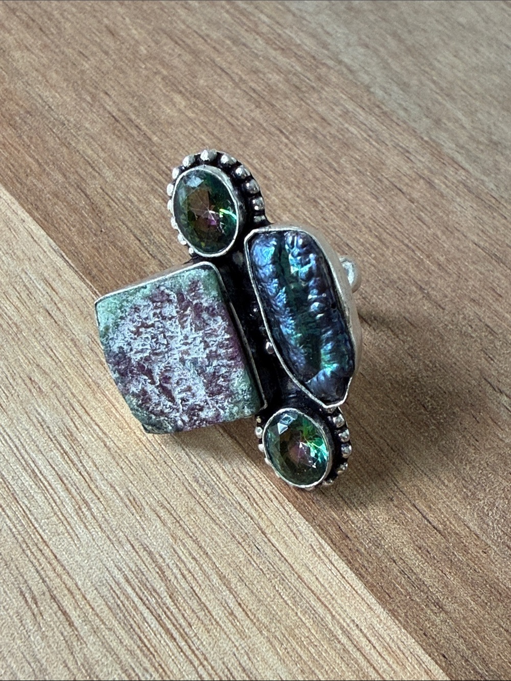 Stamped 925 Sterling Silver Ruby Zoisite baroque pearl Statement ring